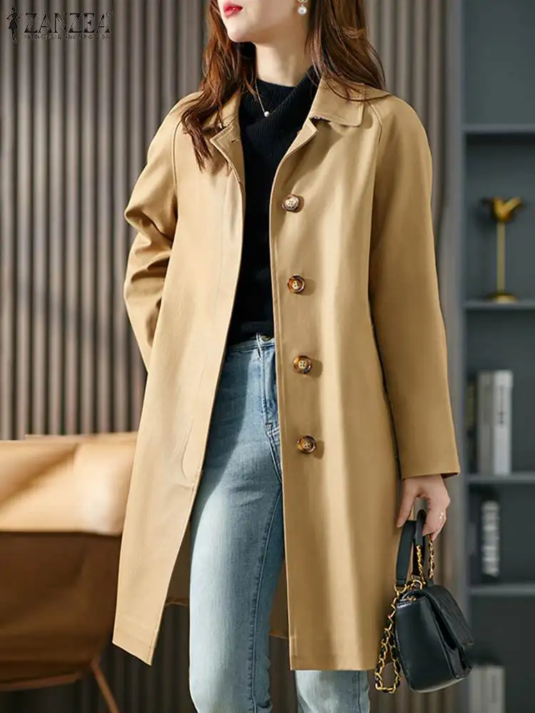 

ZANZEA Fashion Women Trench Coats Autumn Lapel Neck Long Sleeve Casual Loose Windbreaker Solid Long Jackets Work Thin Outwear