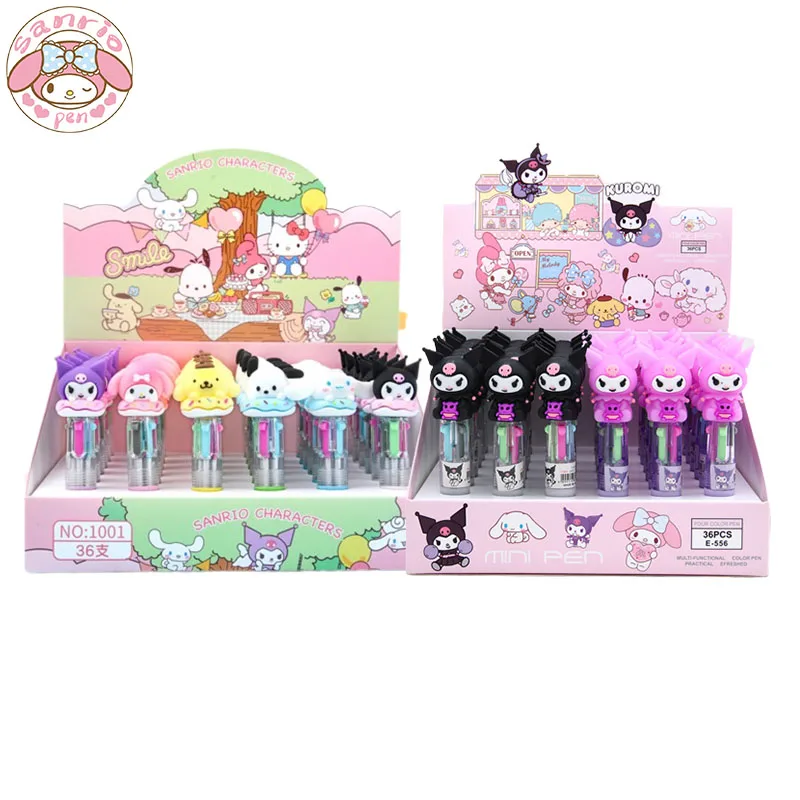 

Sanrio Cartoon Ballpoint Pen 18/36pcs 4 Colors Hello Kitty Kuromi Melody Students Mini Multicolor Write Pen Stationery Wholesale