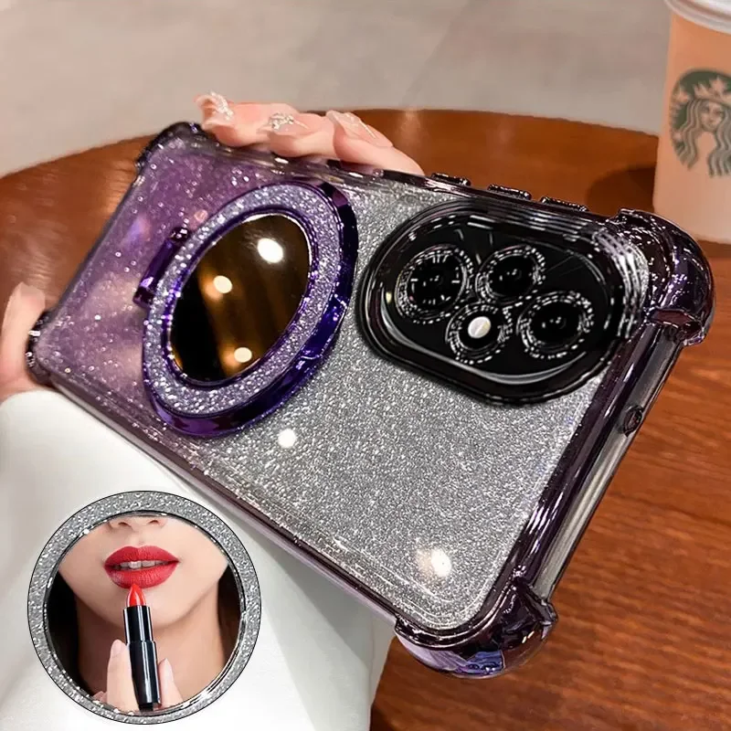Elegant Bling Glitter Silicone Phone Case with Mirror Holder and Stand Feature