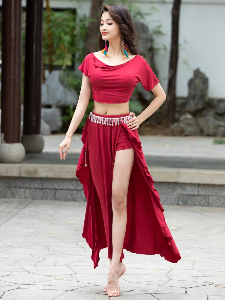 

Belly Dance Costume Short Sleeve Top and Slit Skirt Female Sexy Belly Dance Suit for Women Dancers Performance Dancewear E22055