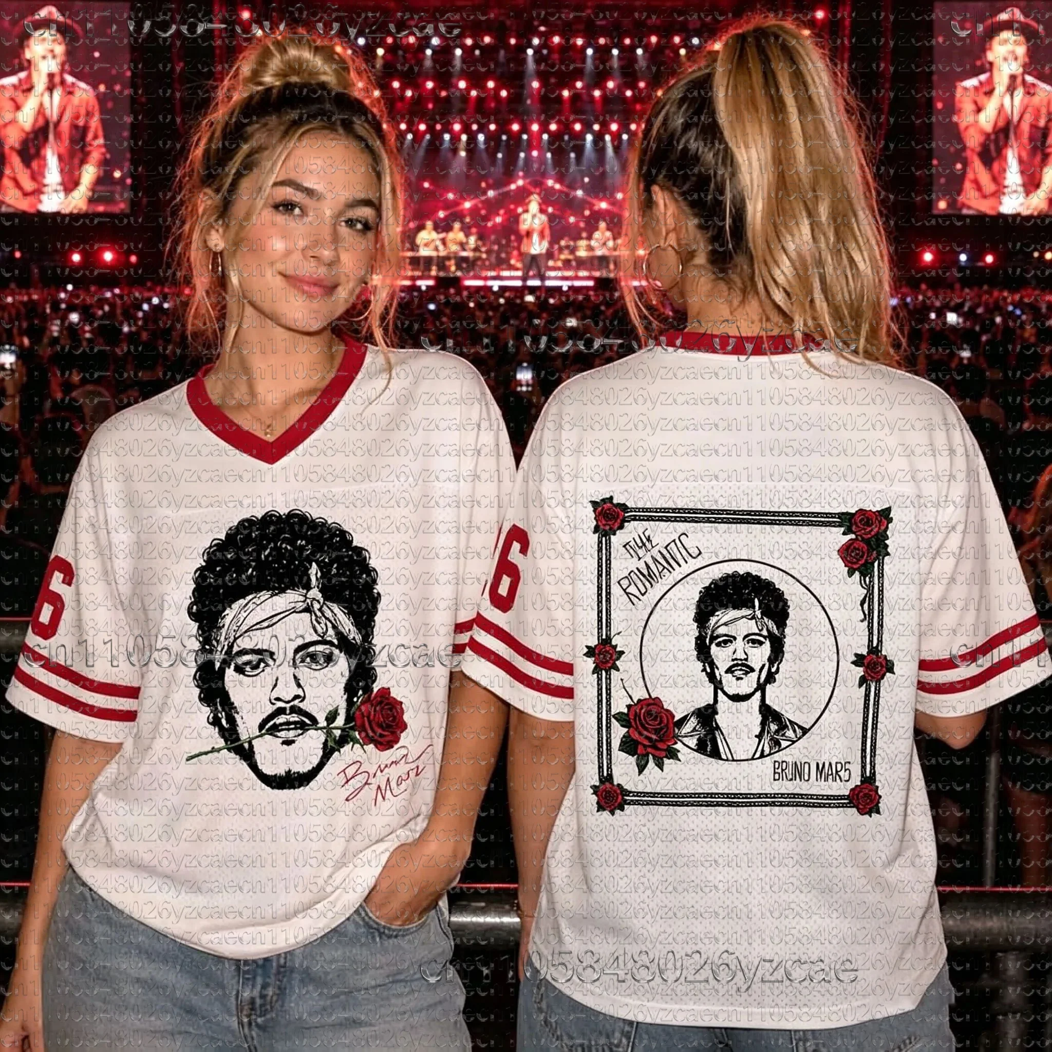 Bruno Mars The Romantic Tour 2026 Nummeriertes Fußballtrikot mit Vintage-Rose-Grafik, Kurzarm-Retro-Konzert-Oberteil für Erwachsene