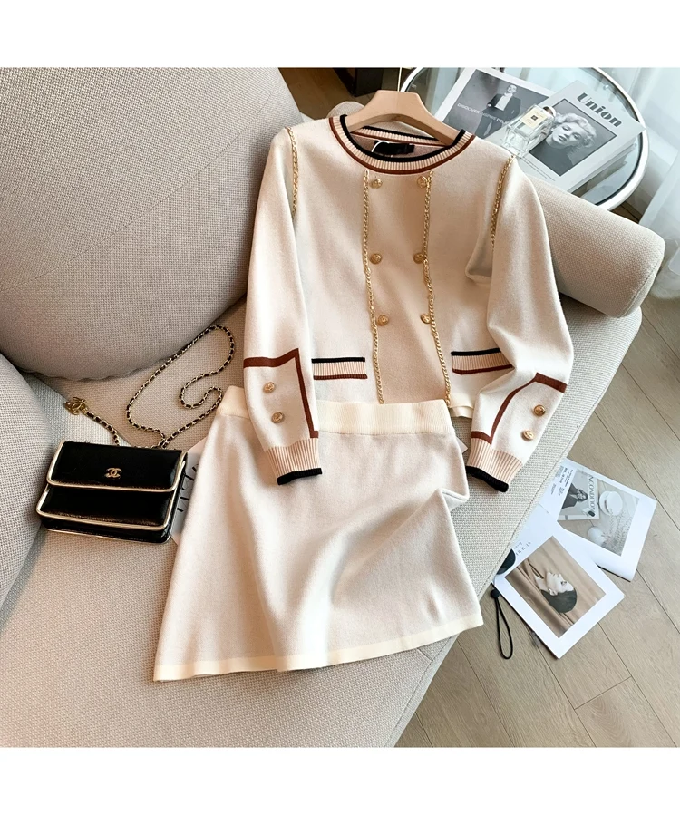 

Knitted two-piece sweater contrast color long sleeve top + skirt suit