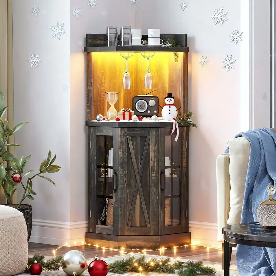 53 Corner Bar Cabinet, Farmhouse Wine Cabinet with Glass Holder amp LED Lights, 4Tiers Liquor Bar with Glass Door amp Shelves fo