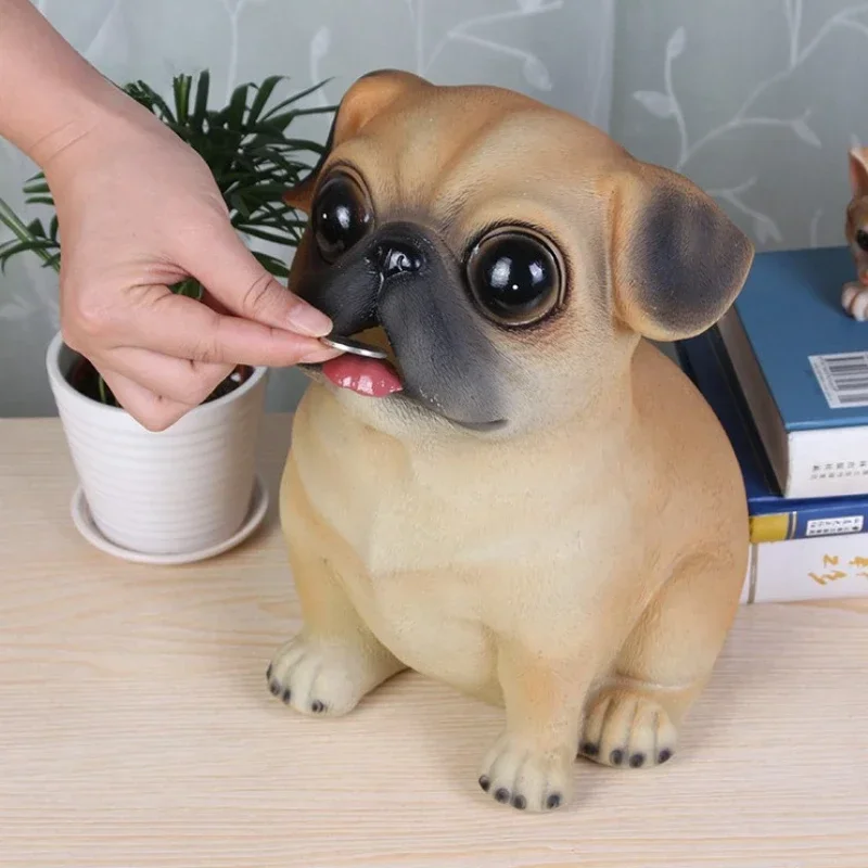 

Cute Piggy Bank Puppy Money Box Simulation Dog Piggy Bank Pug Teddy Corgi Pom Resin Figurines Animals Home Decorations Gifts