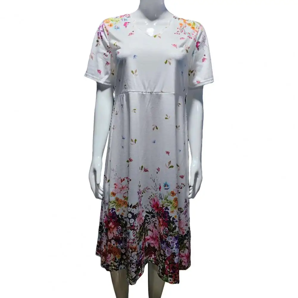 

Wavy V-neck Dress Casual Loose Fit Dress Floral Print A-line Midi Dress with Short Sleeves V Neck for Summer Parties Shopping