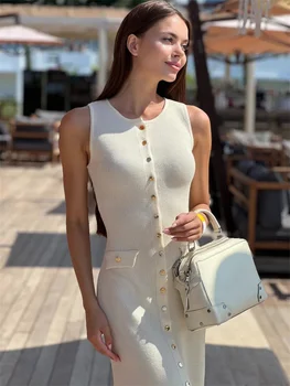 Tossy Knit Ribbed Cardigan Maxi Dress Female High Waist Slim Pocket Sleeveless Elegant Party Dress Women's Knitwear Long Dress 2