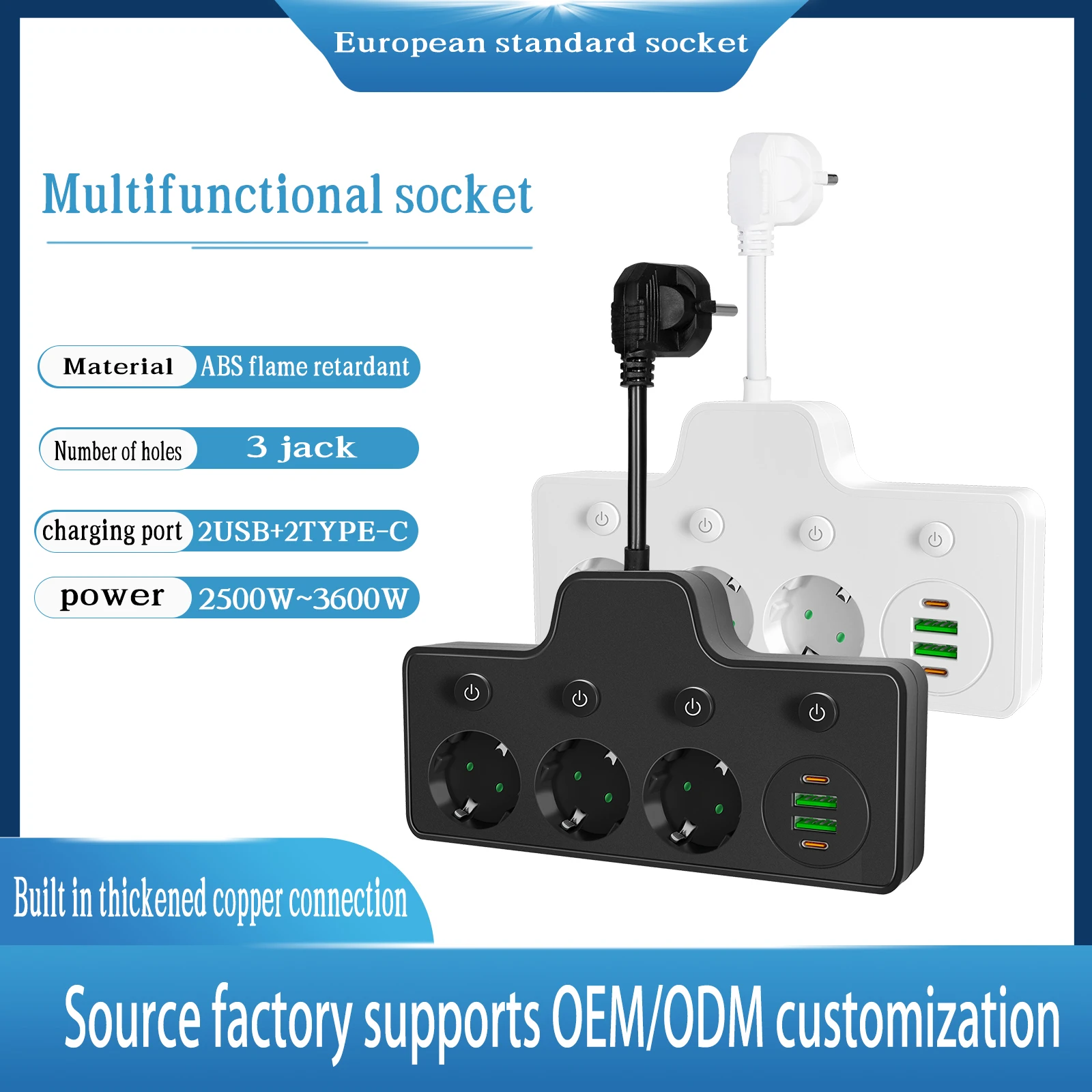 EU Plug Power Strip With 3 AC Outlets+ USB Port+ Type C Socket Adapter Wall Charger for Home Office Network Filter Fast Charging
