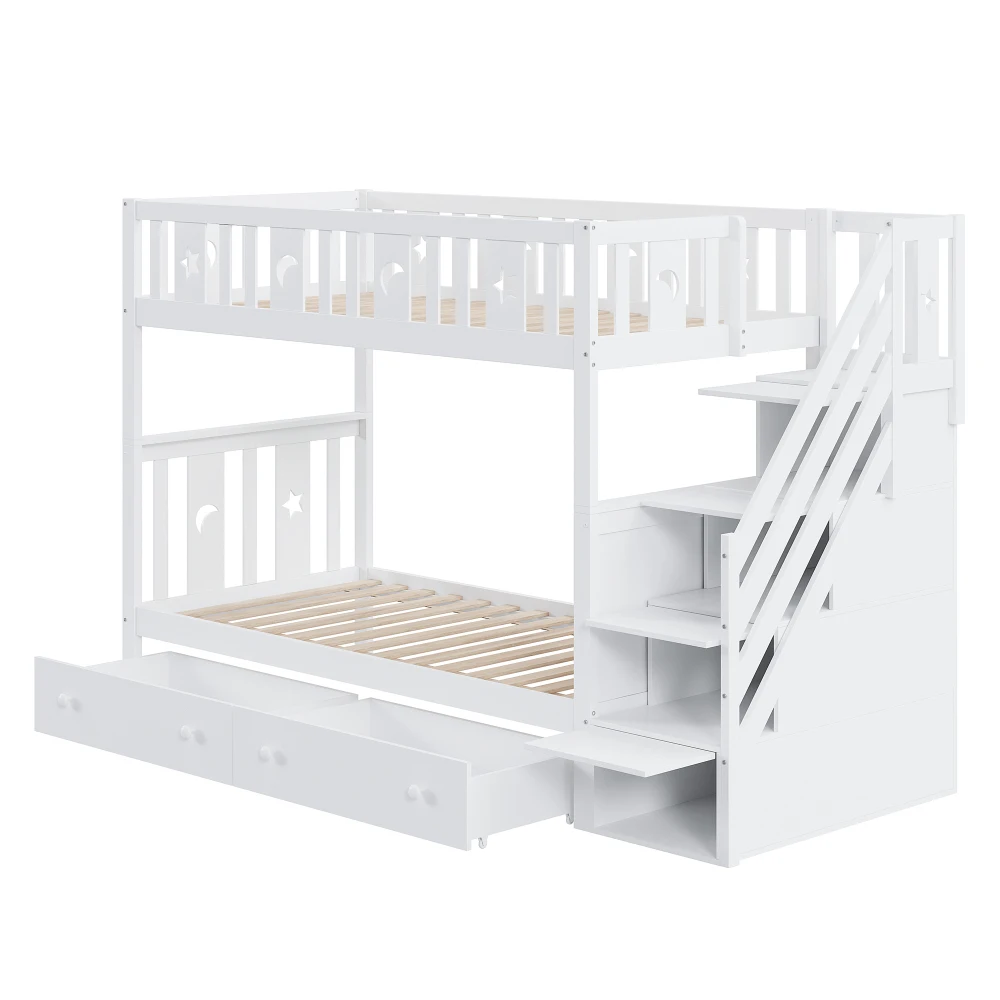 Kinderbett 90*200cm, Etagenbett aus Massivholz mit Sicherheitstreppe, Stauraumtreppe, zwei große Schubladen und Gitter, Weiß – Detail 8