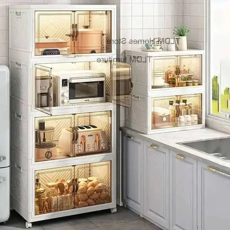 ตู้เก็บของพลาสติกแบบพับได้สำหรับห้องครัว ห้องนอน ตู้ข้างเตียงทันสมัย พร้อมล้อเลื่อนและชั้นเก็บของหลายชั้น 1