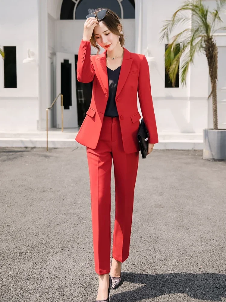 

Ladies Pant Suit Formal Women Female 2 Piece Set Red Blue Office Business Work Wear Single Breasted Blazer Jacket And Trouser