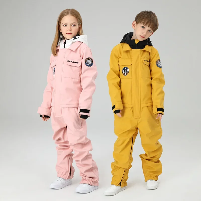 Winter Ski Suit Girls Hooded Windproof Sport Kids Snow Overalls One Piece Outdoor Children Boy Snowboard Pants Costume Clothes