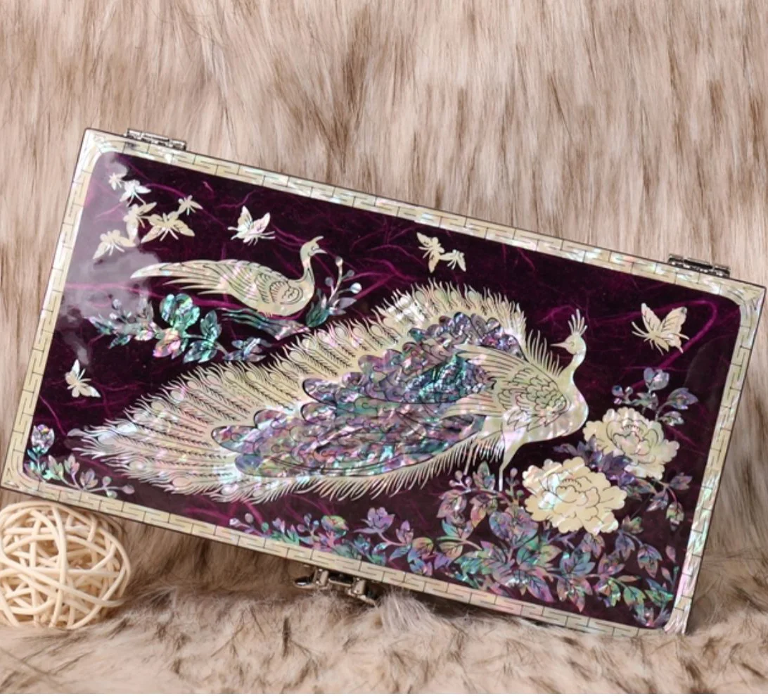 Mother of Pearl Lacquered Jewelry Box Peacock Hand Made Sea