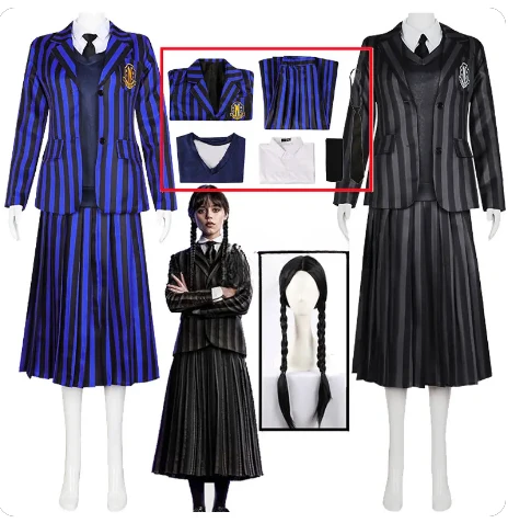 

The Addams Family Wednesday Cosplay Costume Girl School Black Uniforms Suit Dress Woman Halloween Party Clothes Wig