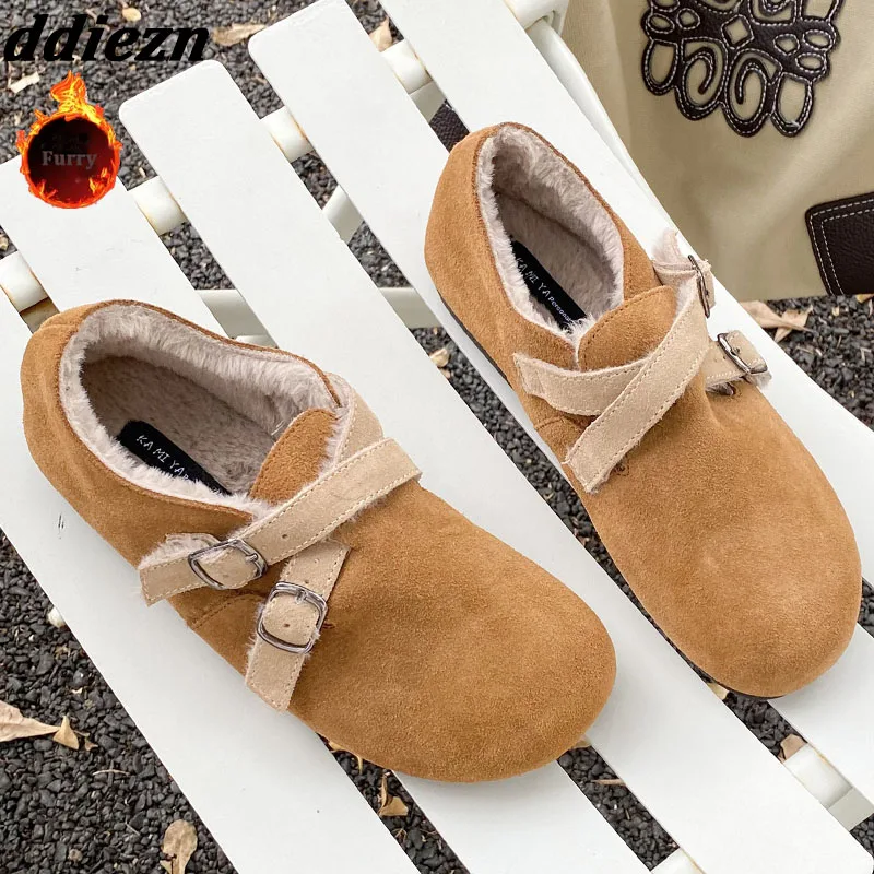 

Fashion Warm Winter Women Flat Fur Shoes 2023 Round Toe Plush Ladies Flats Leather Sandals Buckle Strap Female Casual Sandals