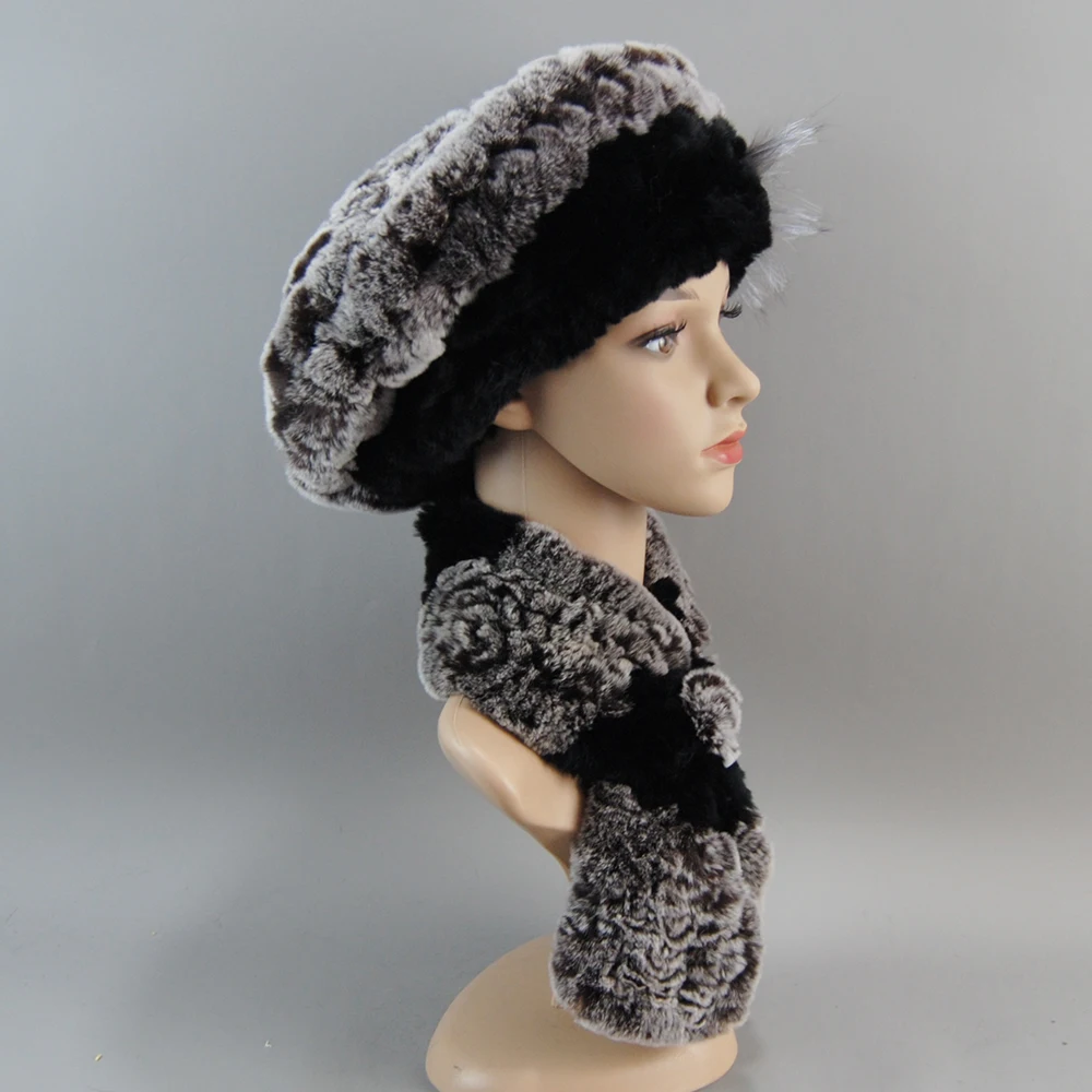 Fashion Girl Fur Cap Lady Winter Warm Real Rex Rabbit Fur Hat Scarf Suit Women 100% Real Scarf+Hat Set