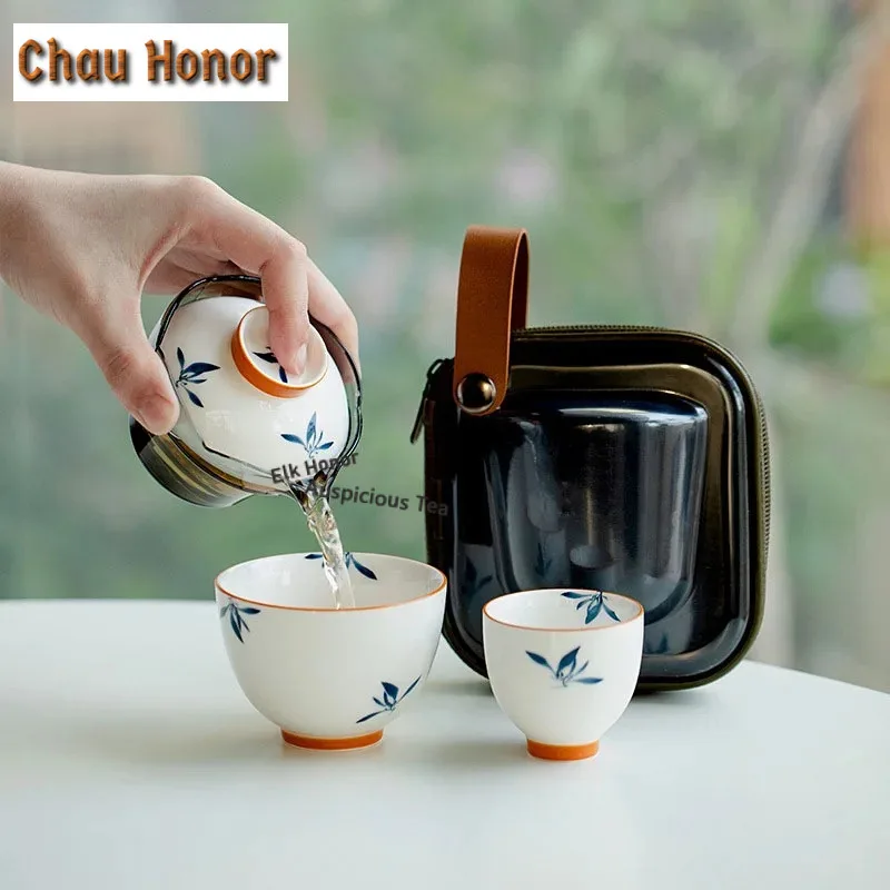 Pure Hand-painted Butterfly Orchid Travel Tea Set Creative Outdoor Glass Female Fast Customer Cup Portable 1 Pot 2 Cups Gift Box