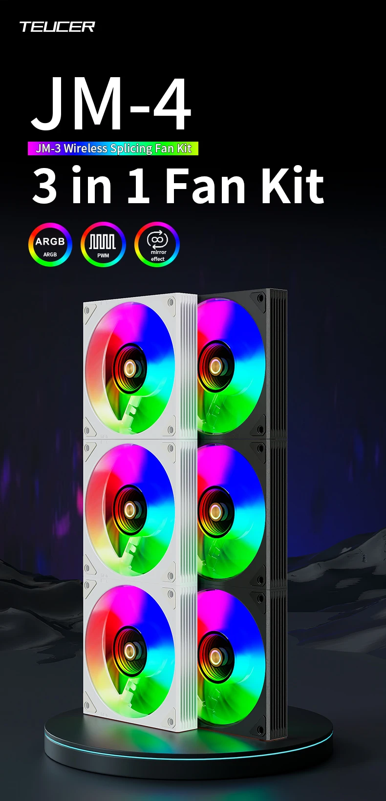 JM-4 Mirror Cycle Light Effect ARGB PC Case Fan 3 IN 1 PC Fan Kit Computer Radia