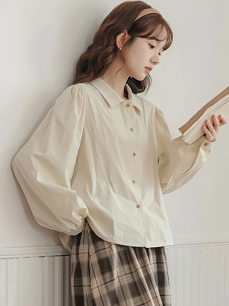 School Vintage Puff Long sleeve Shirt Women Cotton Youthful Basic Casual Blouses Female Top Lady Elegant White Oversized