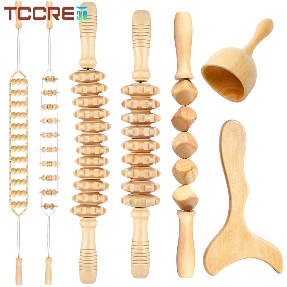 Wood Massage Tools Curved Massage Roller Stick Lymphatic Drainage Paddle Cube Massage Stick Roller Straight Roller Cup Massager 12 rollers wood therapy fasci massage tools curved wooden massage roller stick for cellulite reduction and muscle tension