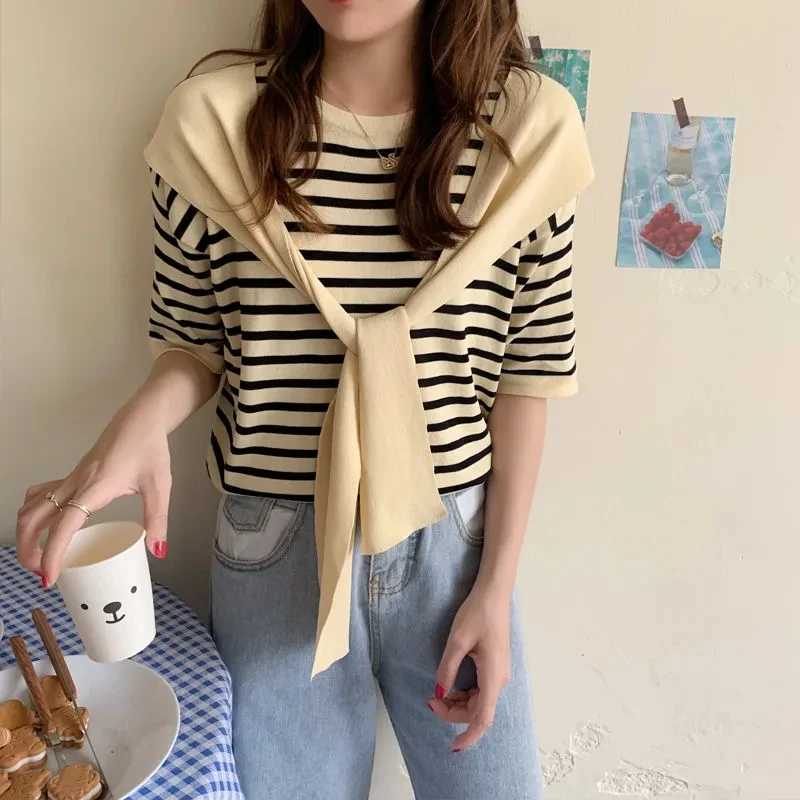 

Yasuk Spring Summer Women's Casual Shirts Pullover Stripe Loose Top Fake Two Piece Shawl Suit Student Gentle Knitted Simple Tops