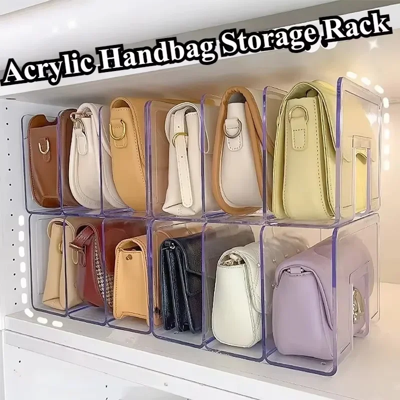 3/4 Grids Handbag Storage Rack Acrylic Transparent Divider Shelf for Wardrobe Purse Upright Display Space Saving Home Organizer