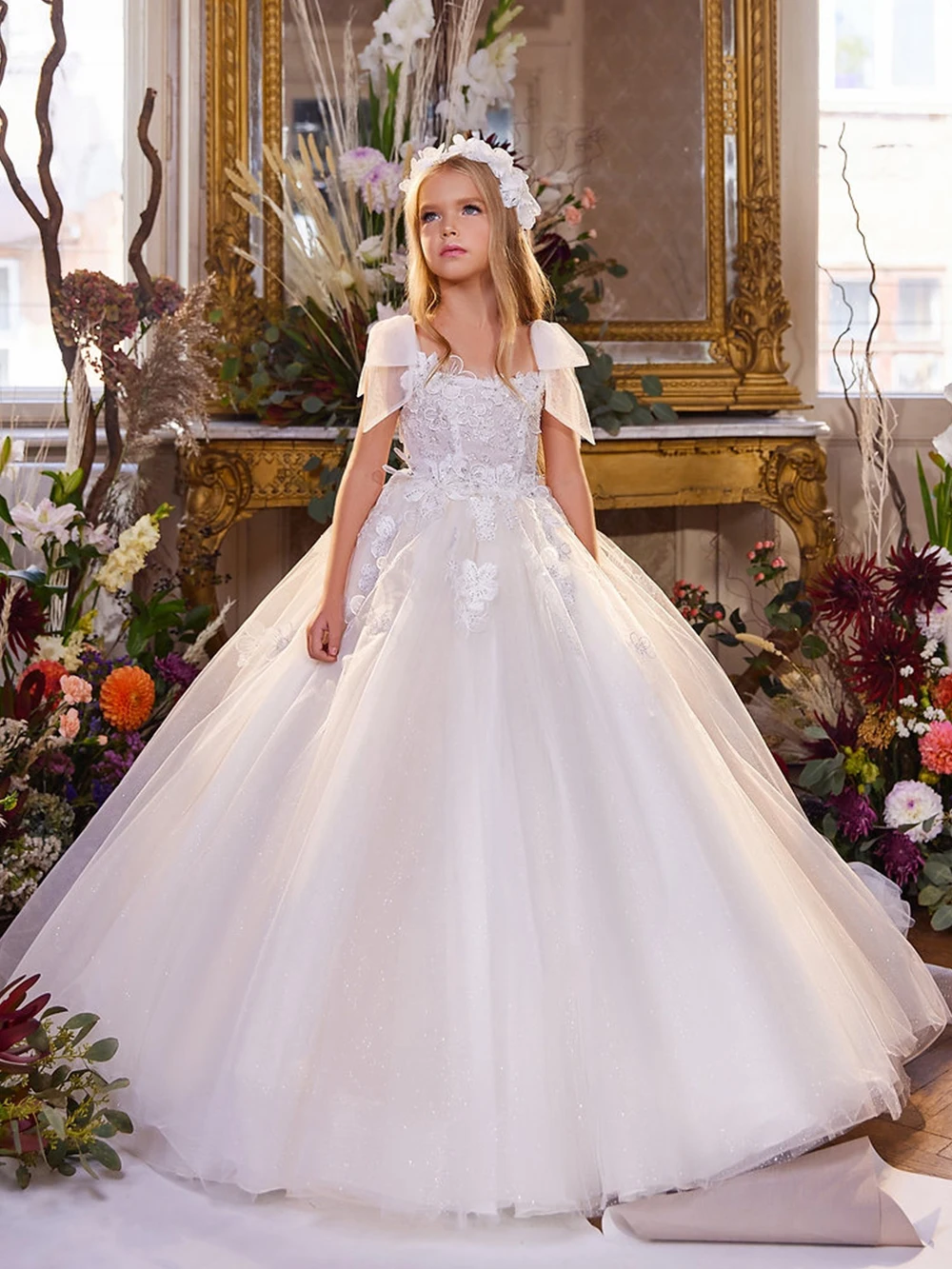 

Sleeveless Tulle Bow Shoulder Princess Birthday Party Dress Flower Girl Ball Gown Dress Puffy Top Girl Evening Dress for Kids