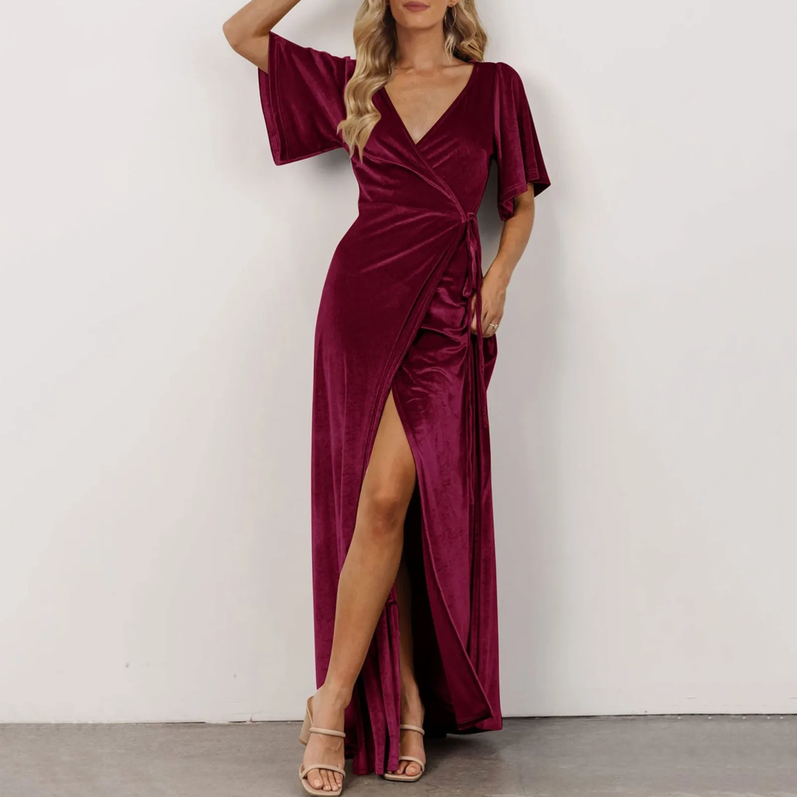 

Women's Dress V Neck Wrap One Piece Lace Up Velvet Side Slit Bell Sleeve Maxi Dress Prom Gown Bridesmaid Cocktail Party Dresses