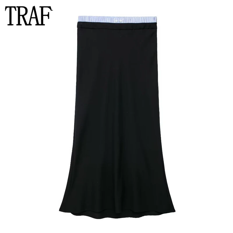 

TRAF Black Pleated Long Skirt Woman High Waist Maxi Skirt Women Contrast Straight Women's Skirts Button Party Skirts for Women