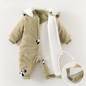 جديد شتاء 2024 جمبسوت للأطفال سميك ودافئ بقلنسوة داخل الصوف ثوب فضفاض للأطفال حديثي الولادة طقم ملابس للأولاد والبنات 5