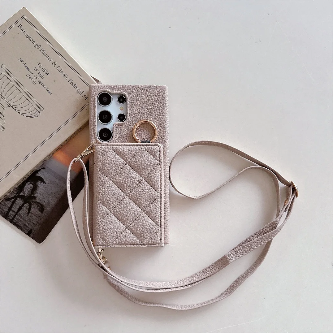 Luxury Crossbody 3D Grid Leather Card Slot Wallet Case with Mirror Makeup Cover
