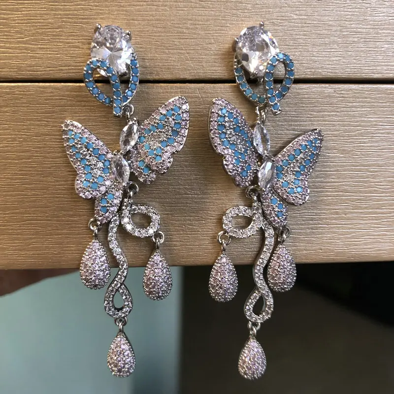 

Bilincolor Blue and Pink Zirconia Tassel Butterfly Earring for Women Jewelry