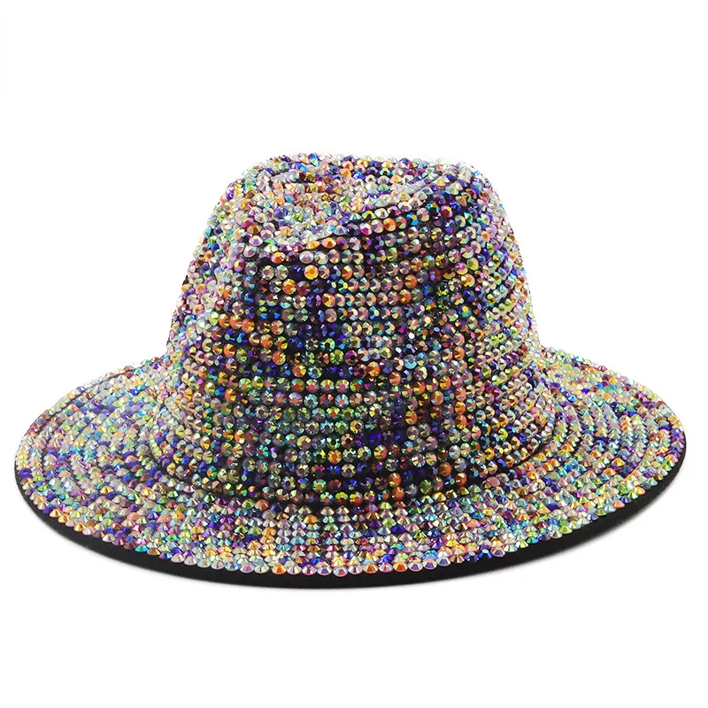 fedora hat Full Diamond Adjustable Flat Top Fedora Hat Bling Rhinestone Panama Spring Summer Men Wide Brim Felt Jazz Hats Women's Stage Hat mens straw fedora