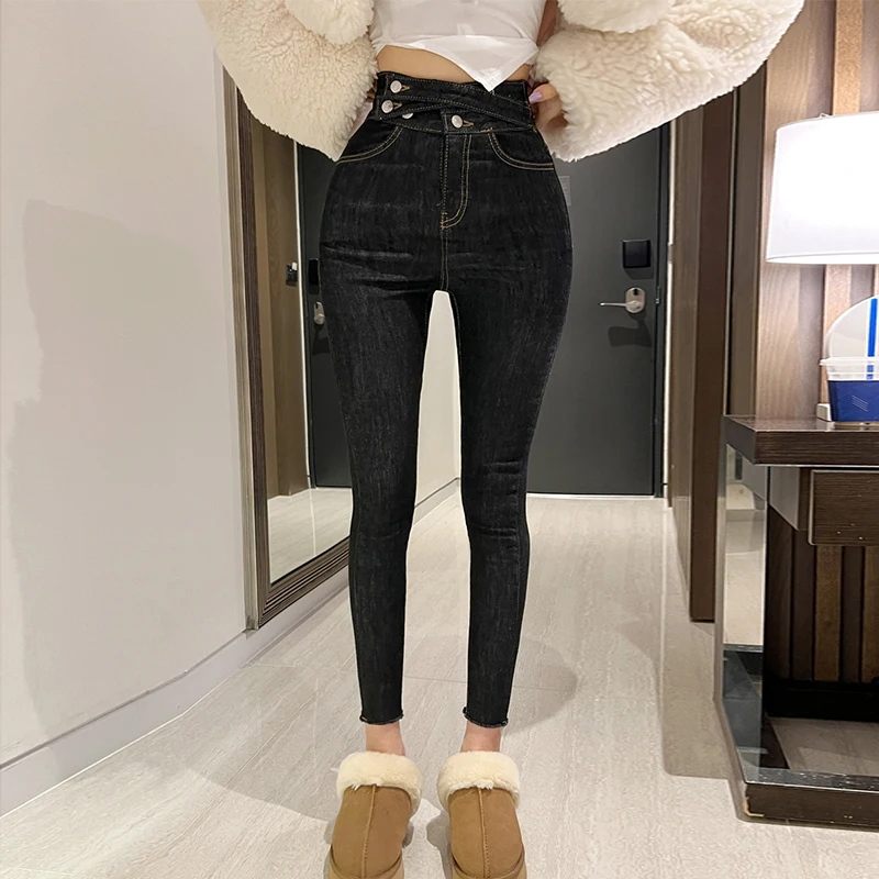 Slimming High Waist Diagonal Button Design Elastic Women's Jeans Pencil Pants Autumn Winter Faion Chic Pure Color Nine Points