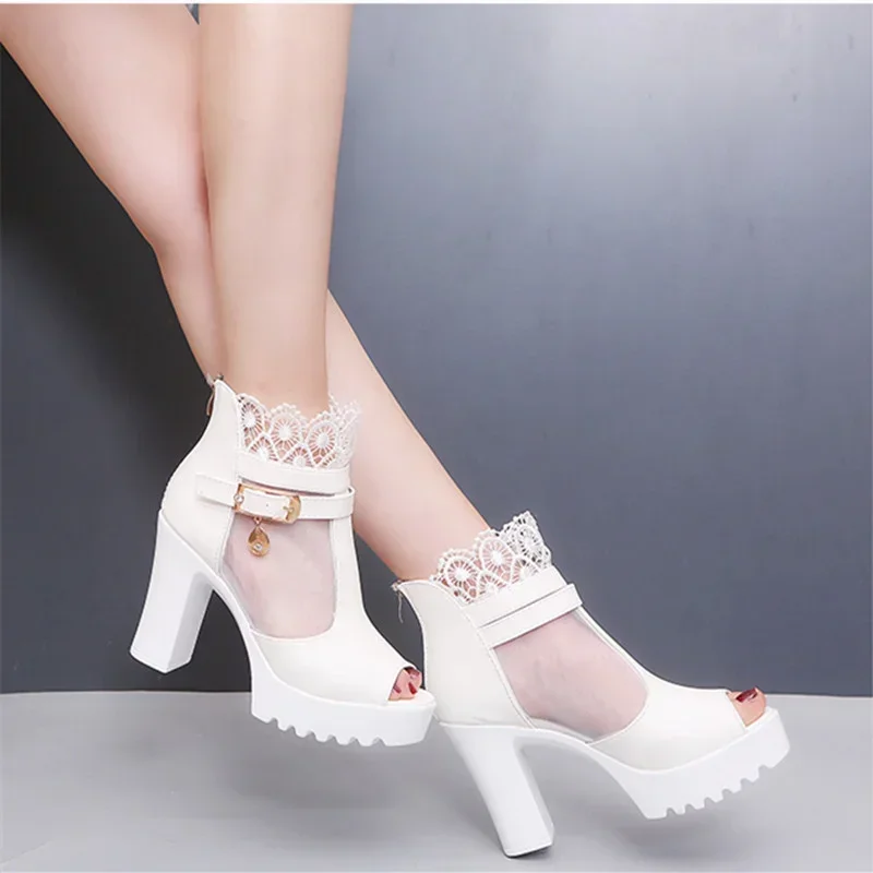 

2023 New Sandals Mesh Lace 8CM Square High Heel Summer Shoes Woman Pumps Sexy Flower Net Hollow Peep Toe Gladiator Sandals