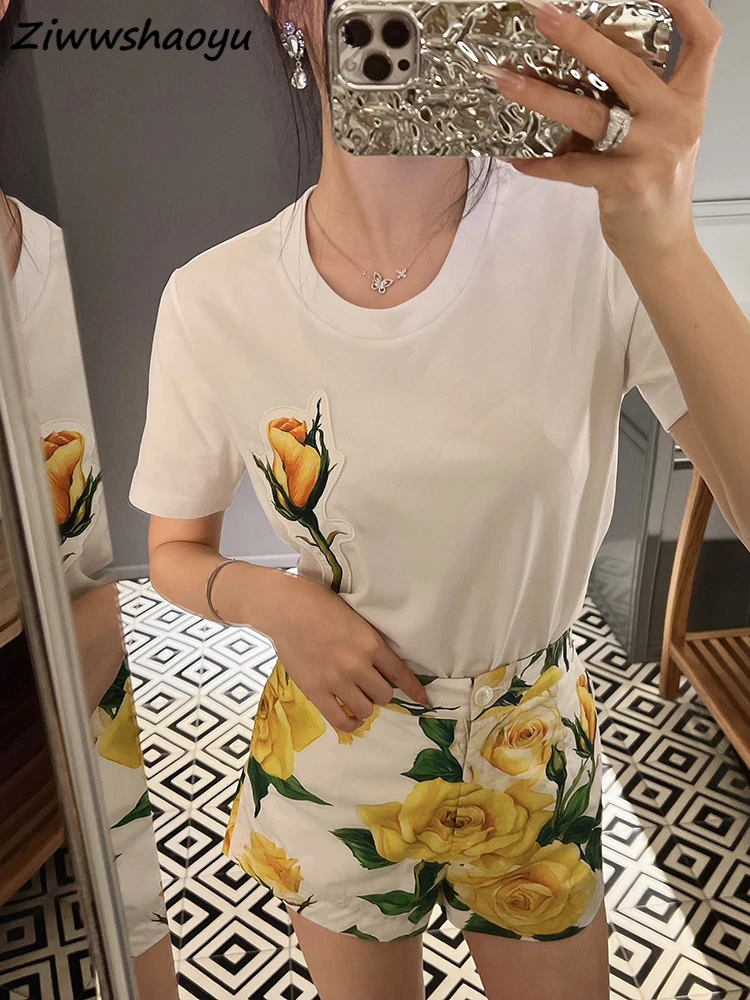 

High Quality Summer Women Fashion Runway Designer Short Sleeve Yellow Appliques Pullovers Loose Ladies Cotton T-shirts Tees Tops