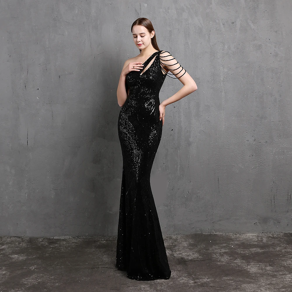 Elegant Sequin Dresses for Wedding Guest One Shoulder Dress for Women With Bead Maxi Formal Gowns
