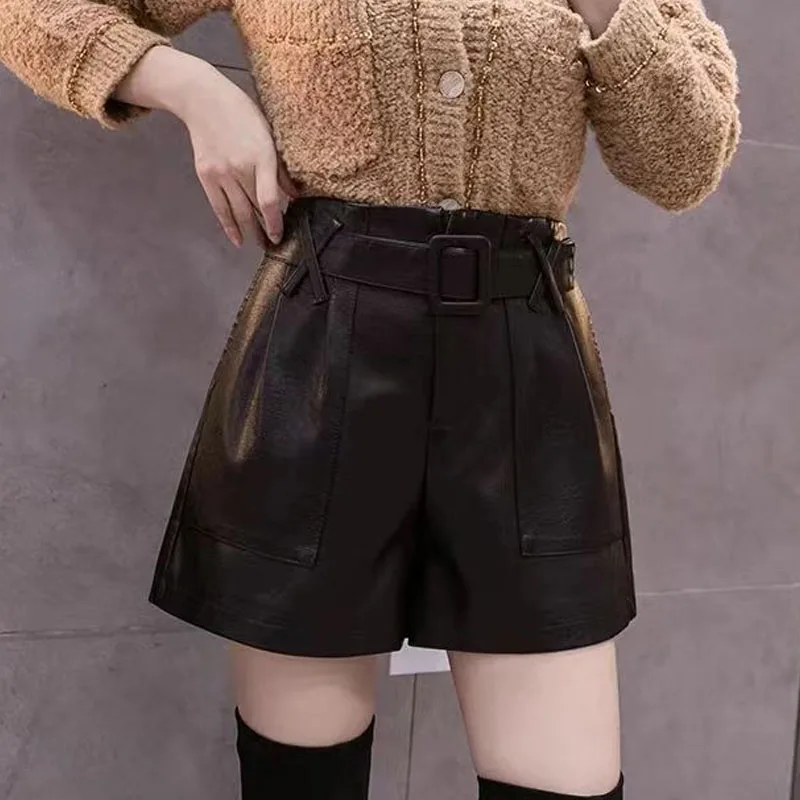 Autumn Winter Commute All-match A-Line Sashes Leather Shorts Fashionable Solid Color Loose High Waist Pants Women's Clothing