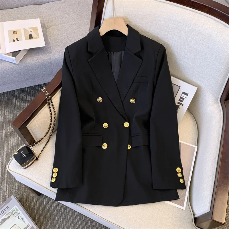 2024 Fashion Golden Double-breasted Suit Jacket Women Blazer Retro Coat Spring Autumn Casual Top Female Korean Outerwear Blazers 2021 autumn new suit jacket skirt two piece women elegant casual black blazers dress set korean fashion top coat dresses suit