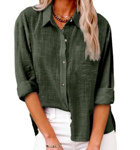 

Solid Color Cotton Shirt for Women Casual Shirt Turn-Down Collar Long Sleeve Buttoned Pocket Design Commuting T-Shirt Summer New