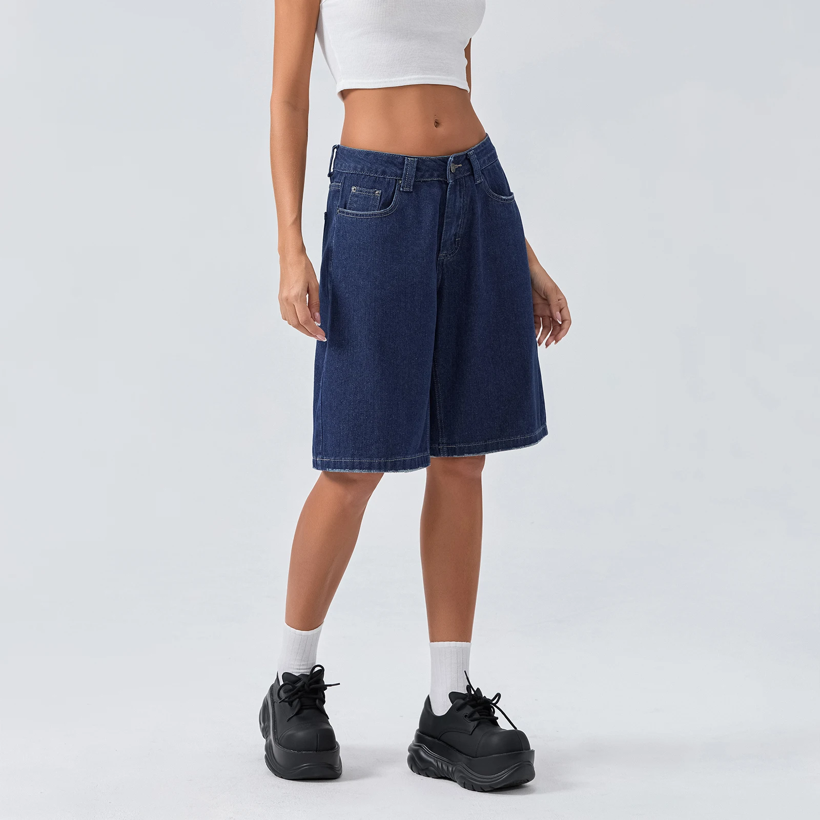 New Fashion Womens Knee Length Denim Shorts Loose Solid Color Low Rise Wide Leg Long Shorts With Pockets For Summer S-2XL