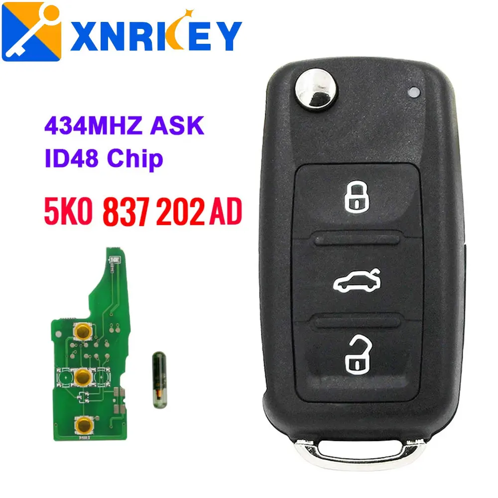 

XNRKEY 3 Button Flip Remote Car Key ID48 Chip 433Mhz for VW Volkswagen Golf Passat Tiguan Polo Jetta Beetle Keyless 5K0837202AD