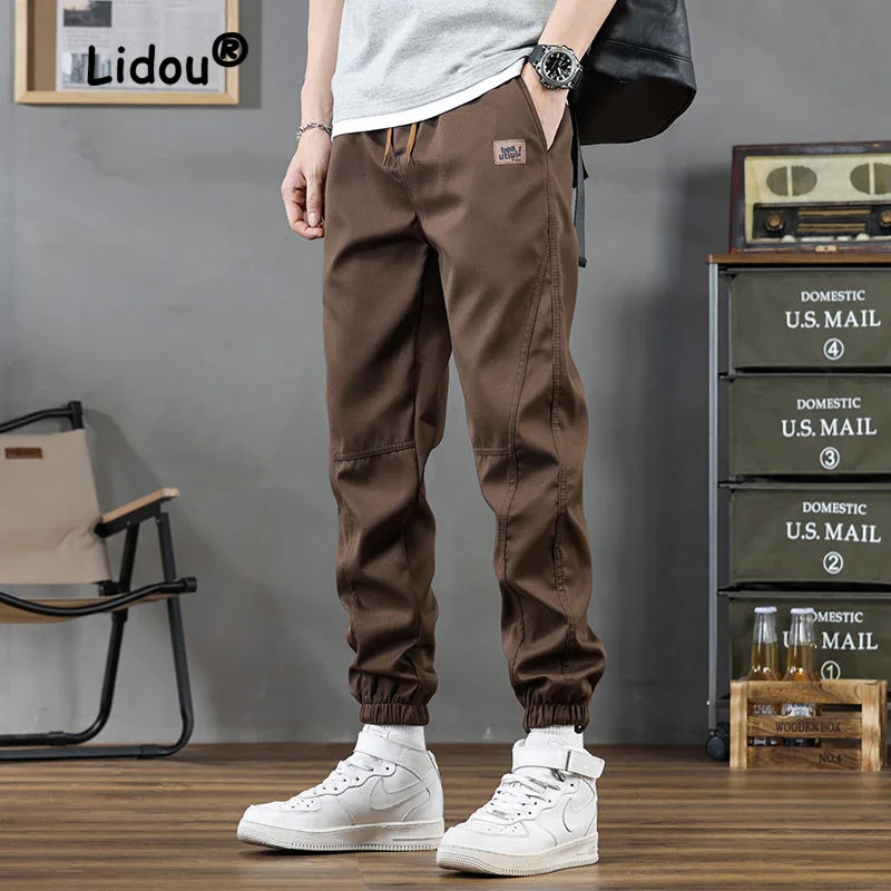 Street Casual Solid Color Patch Pockets Cargo Pants Men's Waist Drawstring Tie One's Feet All-match Trend High Quality Trousers
