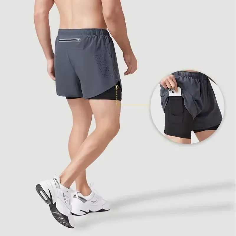 Men's Running Shorts Quick-drying Fitness Black Double Layer Shorts Men New Sport Workout Training Bodybuilding Short Pants 2