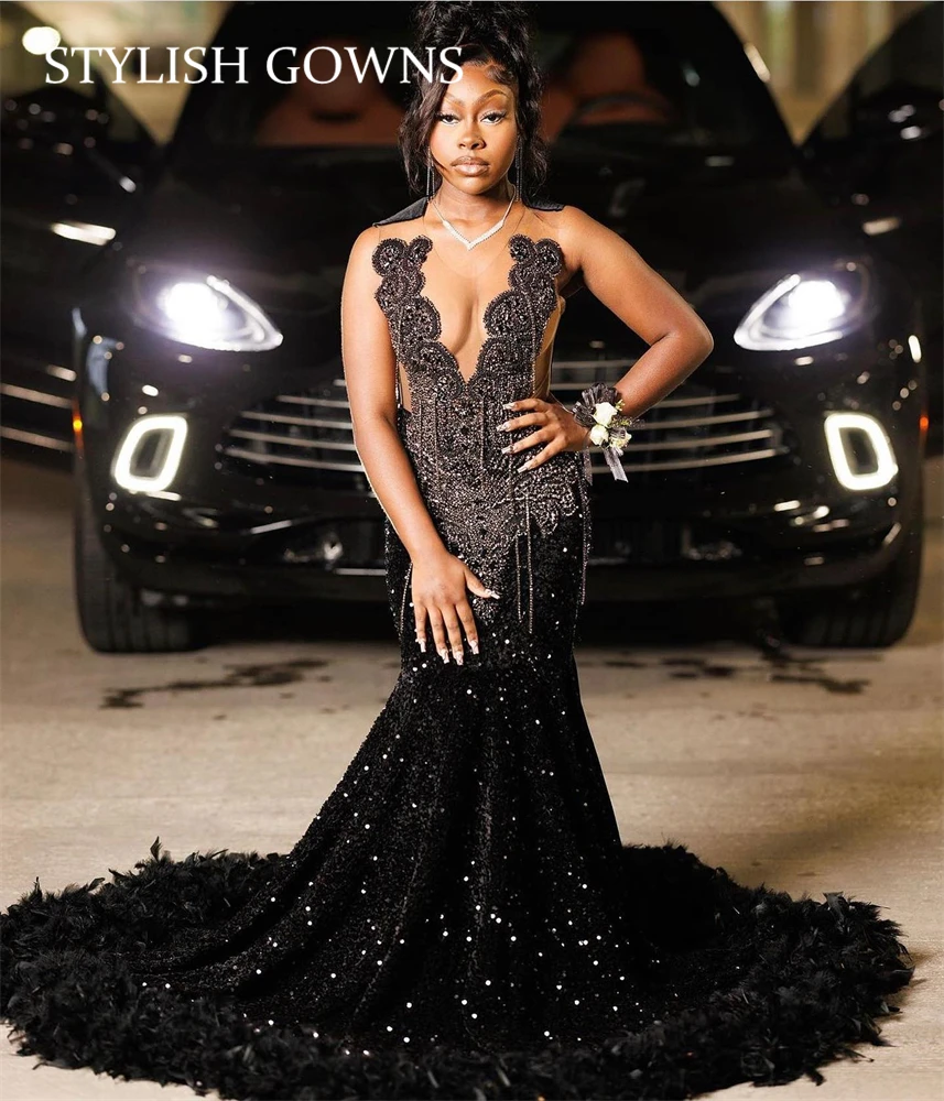

Elegant O Neck Evening Dresses For Black Girls Beaded Crystal Birthday Party Gowns Tassel Sequined Feathers Long Prom Dresses