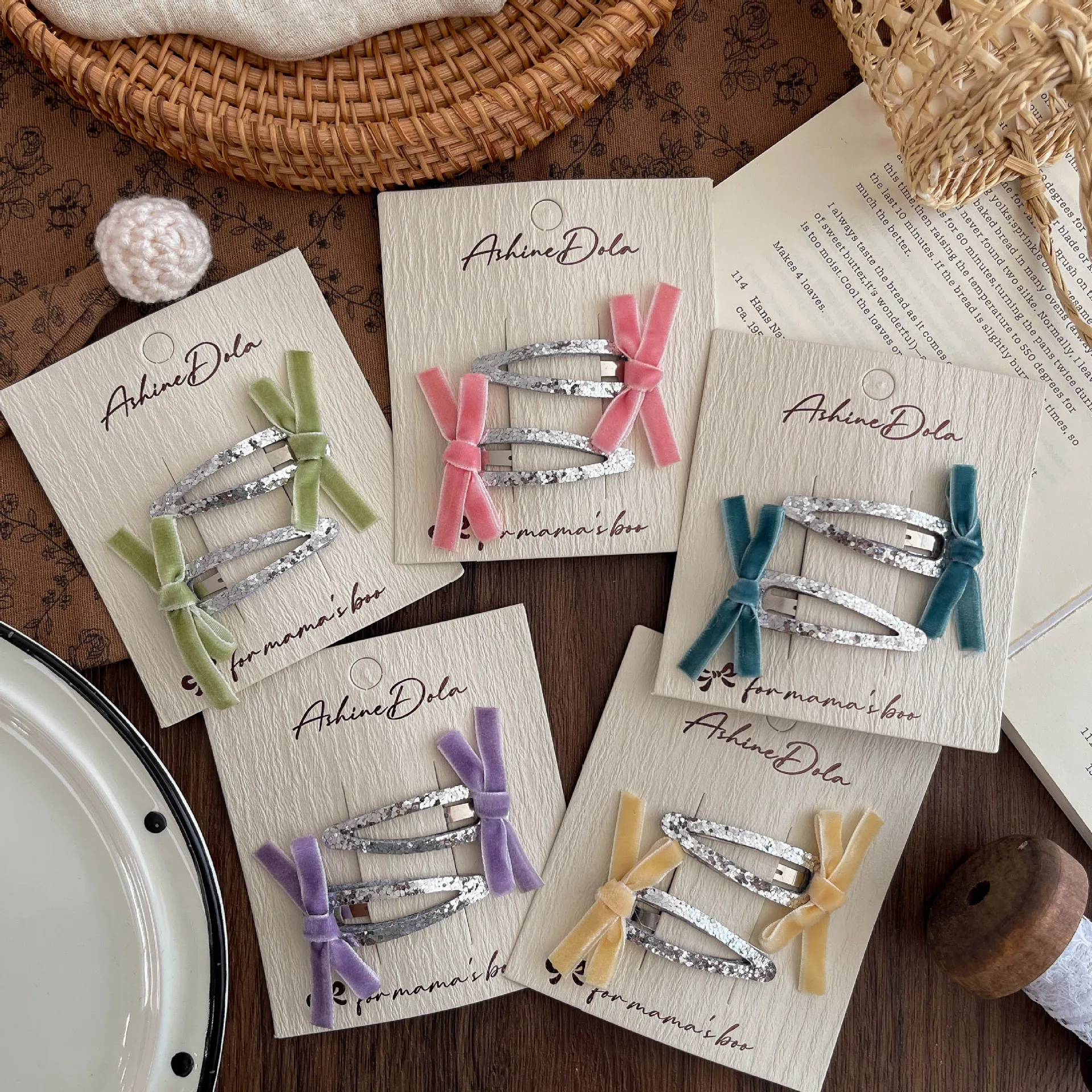 2pcs New Korean Version Fabric Bow Velvet BB Clip Cute Girl Children Hairpin Sparkling Broken Hair Headgear