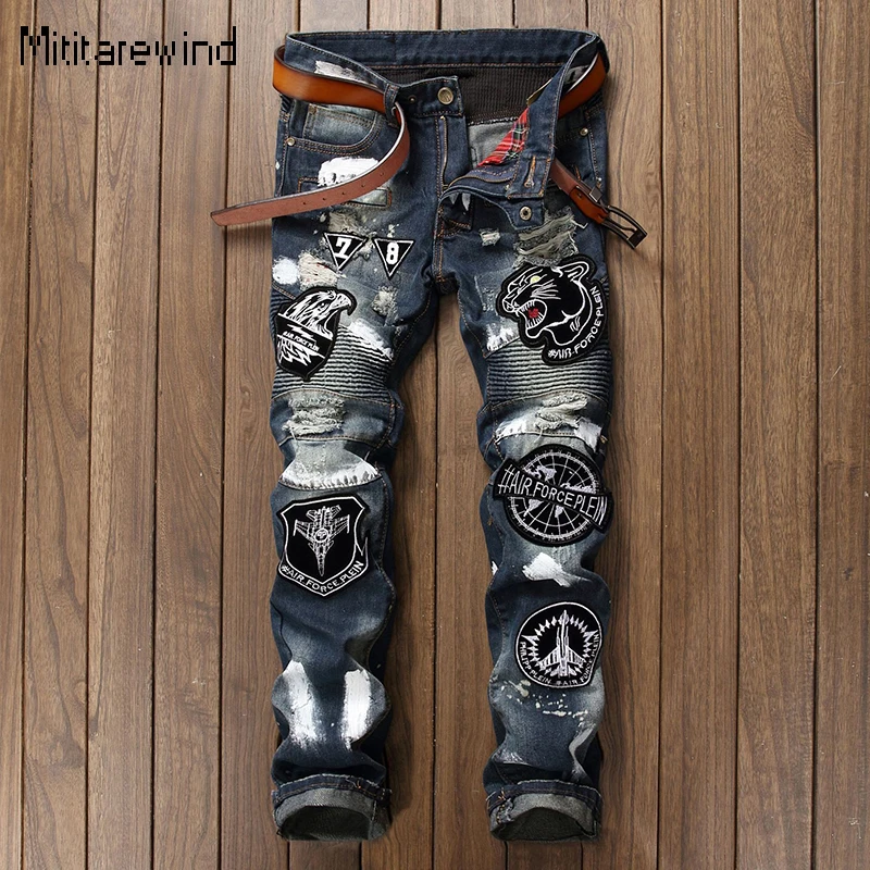

Embroidered Ripped Jeans for Men High Street Pleated Patchwork Motorcycle Jeans Badge Hand-painted Denim Pants Y2k Streetwear