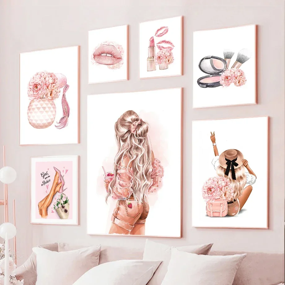 

Nordic Canvas Painting and Prints, Perfume Bottle Heels, Lipstick Handbag, Fashion Girl Art, Wall Pictures, Living Room Decor