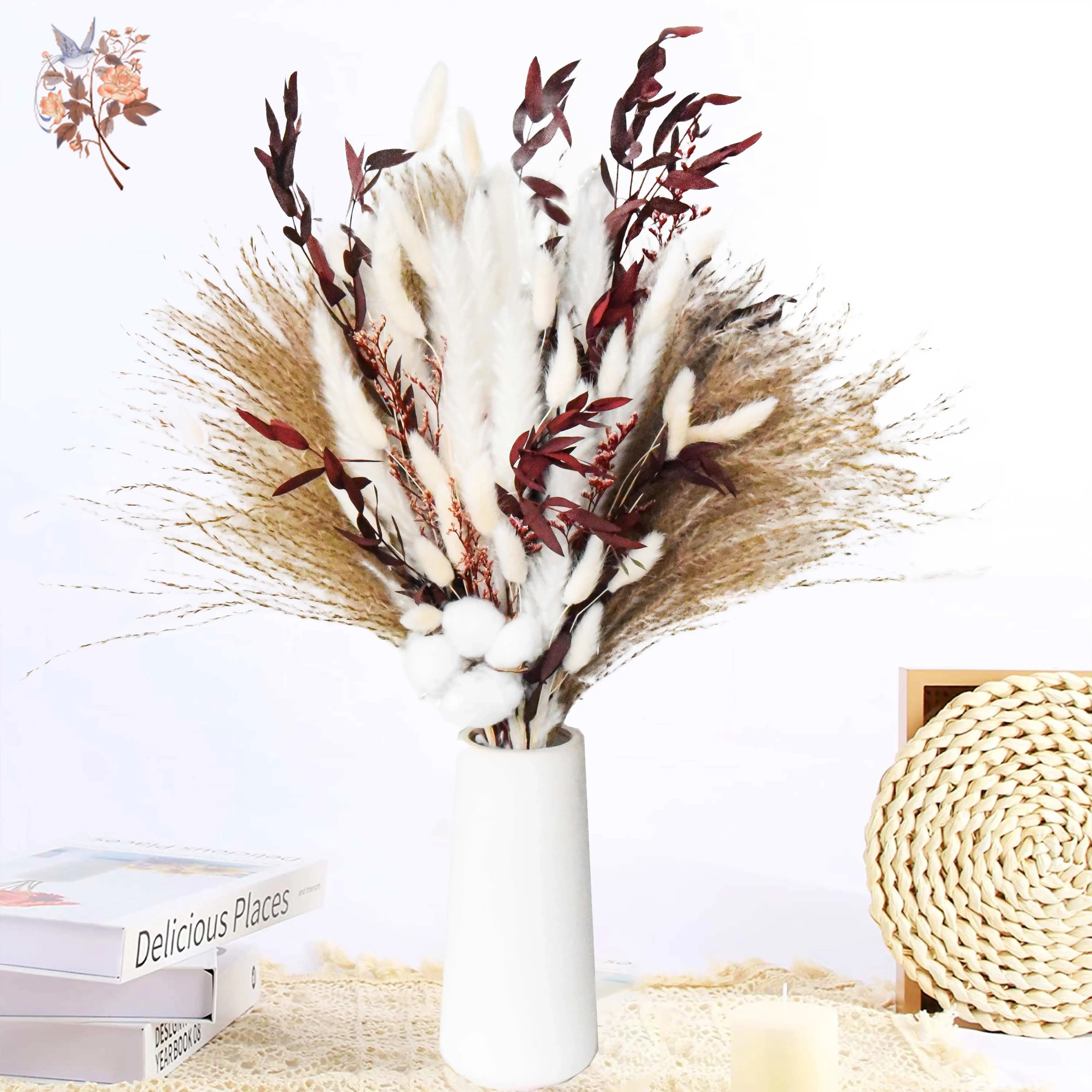 

Natural Dried Fluffy Pampas Grass Bouquet Decor Wedding Flower Phragmites Bunny Reed Tails Eucalyptus Boho Home Party Decoration