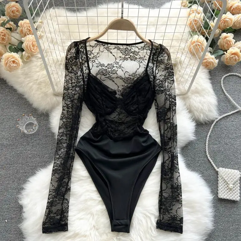 CHILLGIO Sexy Spitze Bodys Frauen Langen Ärmeln Bodycon Mode Streetwear Beiläufige Dünne Strampler Chic Floral Kombination Catsuits – Detail 2
