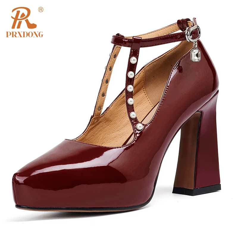 

PPRXDONG New Brand Genuine Leather High Heels Platform Ankle Strap Black Wine Red Dress Party Wedding Female Pumps Size 34-39